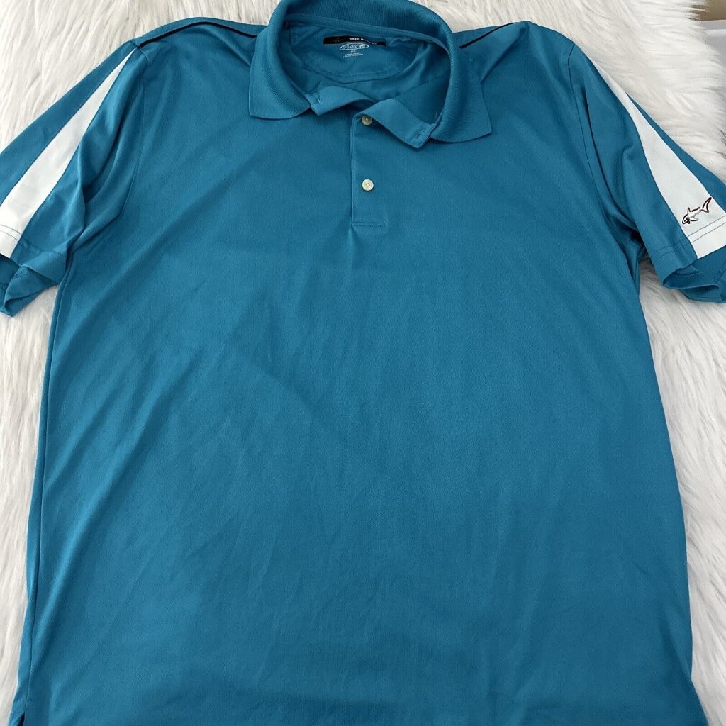 Greg Norman Mens Blue Play Dry Golf Polo Shirt L White Sleeve Accent